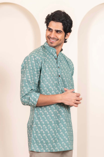 The Aqua Green Short Kurta With White Flower Print