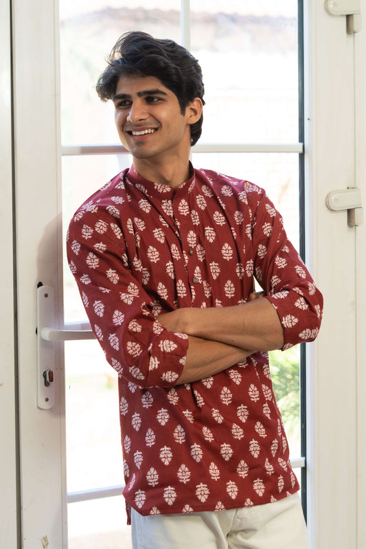 The Blood Red Short Kurta With White Flower Print
