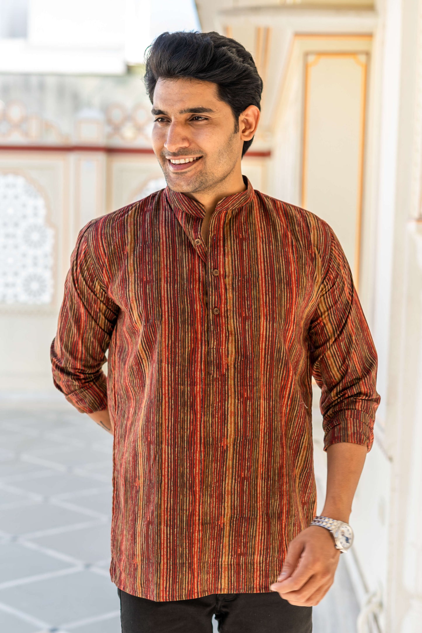 The Red And Brown Tribal Stripe Print Short Kurta