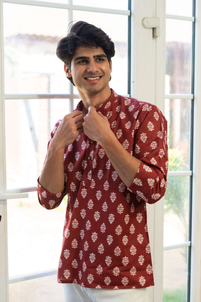 The Blood Red Short Kurta With White Flower Print