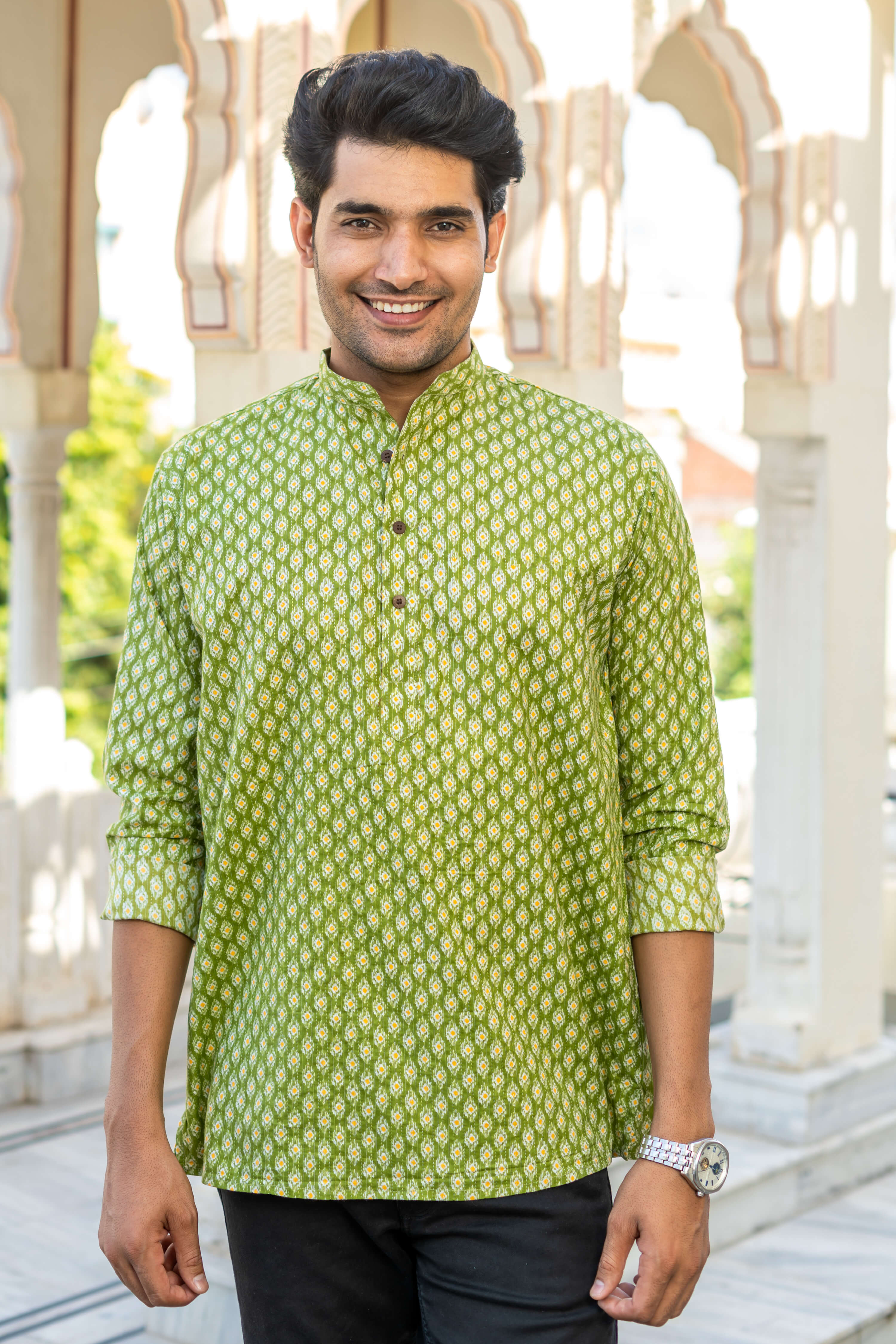 The Green Kantha Work Short Kurta With Geometric Ikat Print