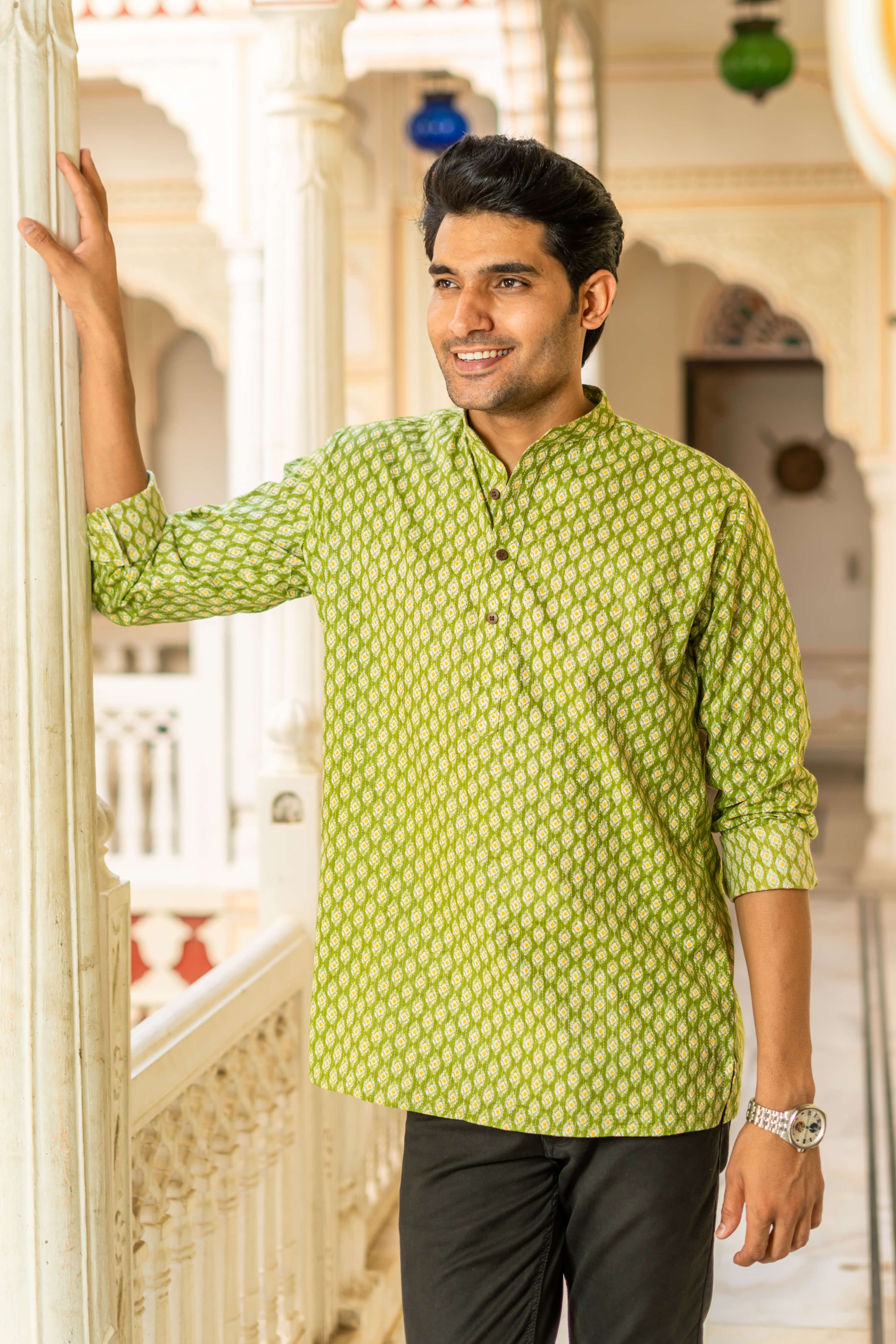The Green Kantha Work Short Kurta With Geometric Ikat Print