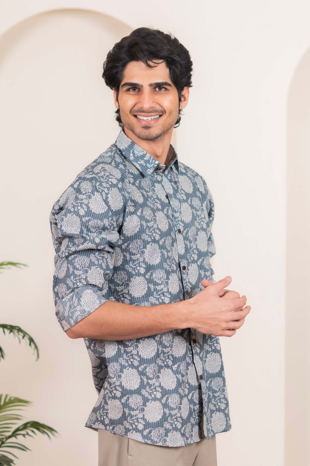The Ice Blue Kantha Work Shirt With Flower Print