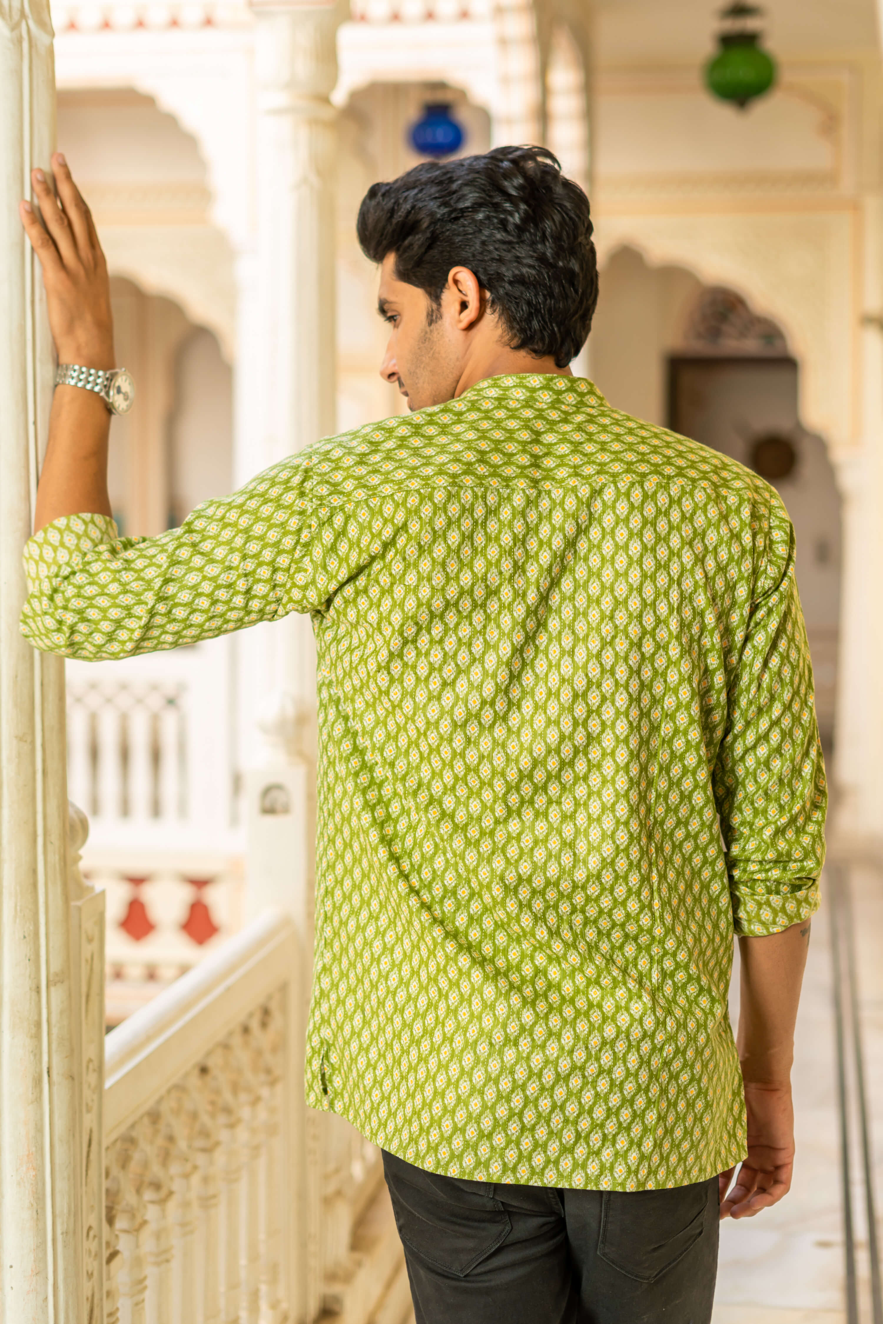 The Green Kantha Work Short Kurta With Geometric Ikat Print