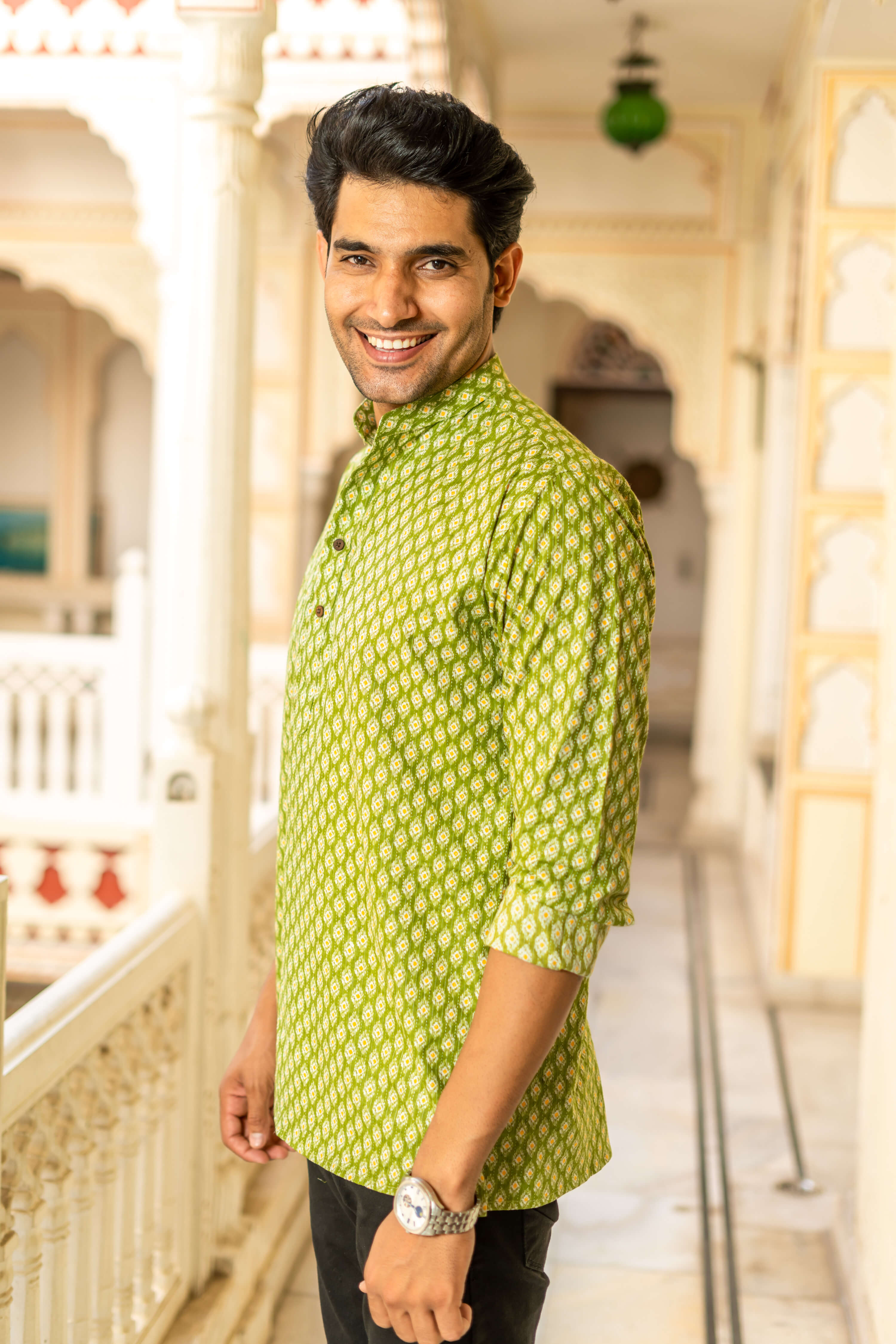 The Green Kantha Work Short Kurta With Geometric Ikat Print