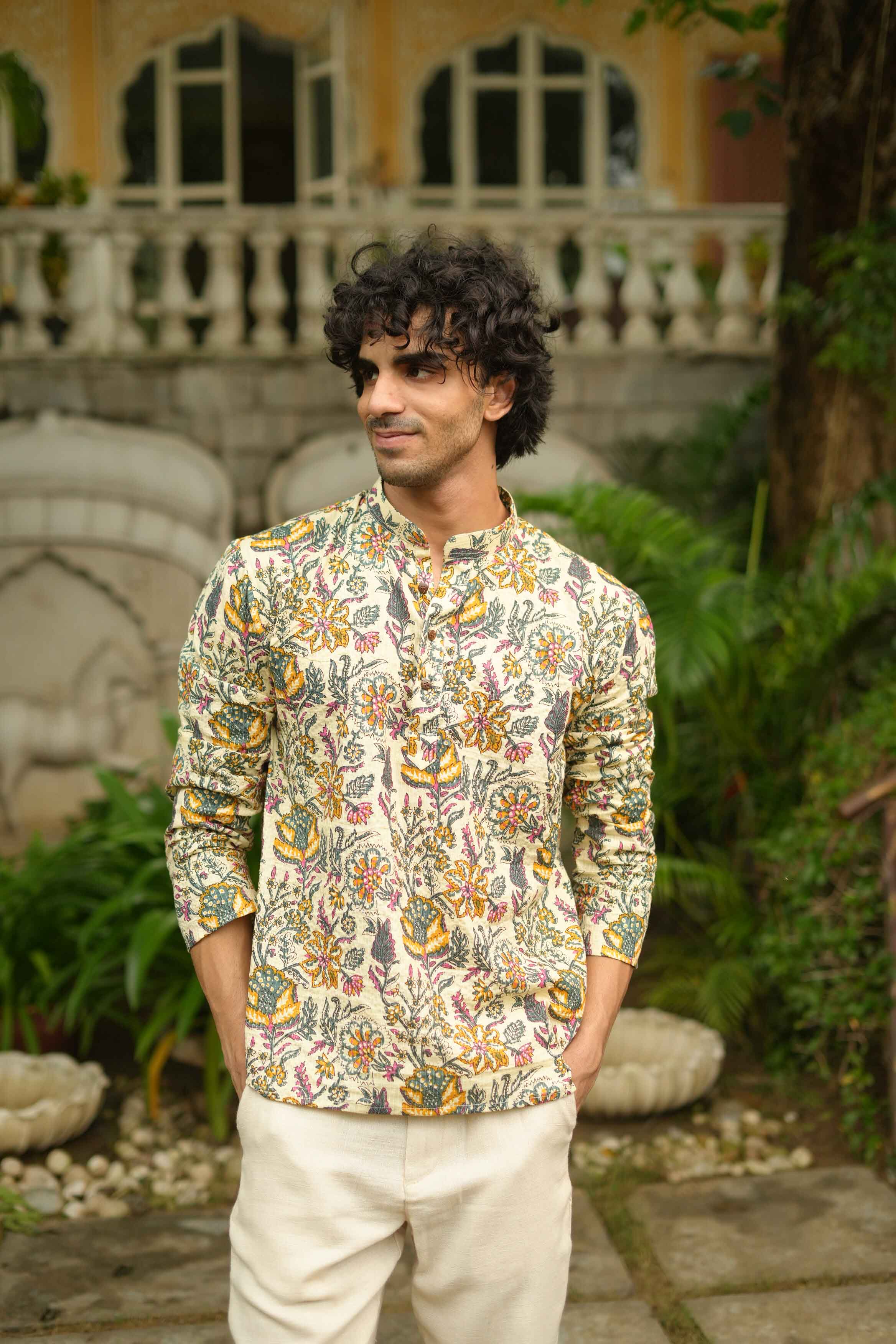 The Beige Artistic Floral Print Short Kurta