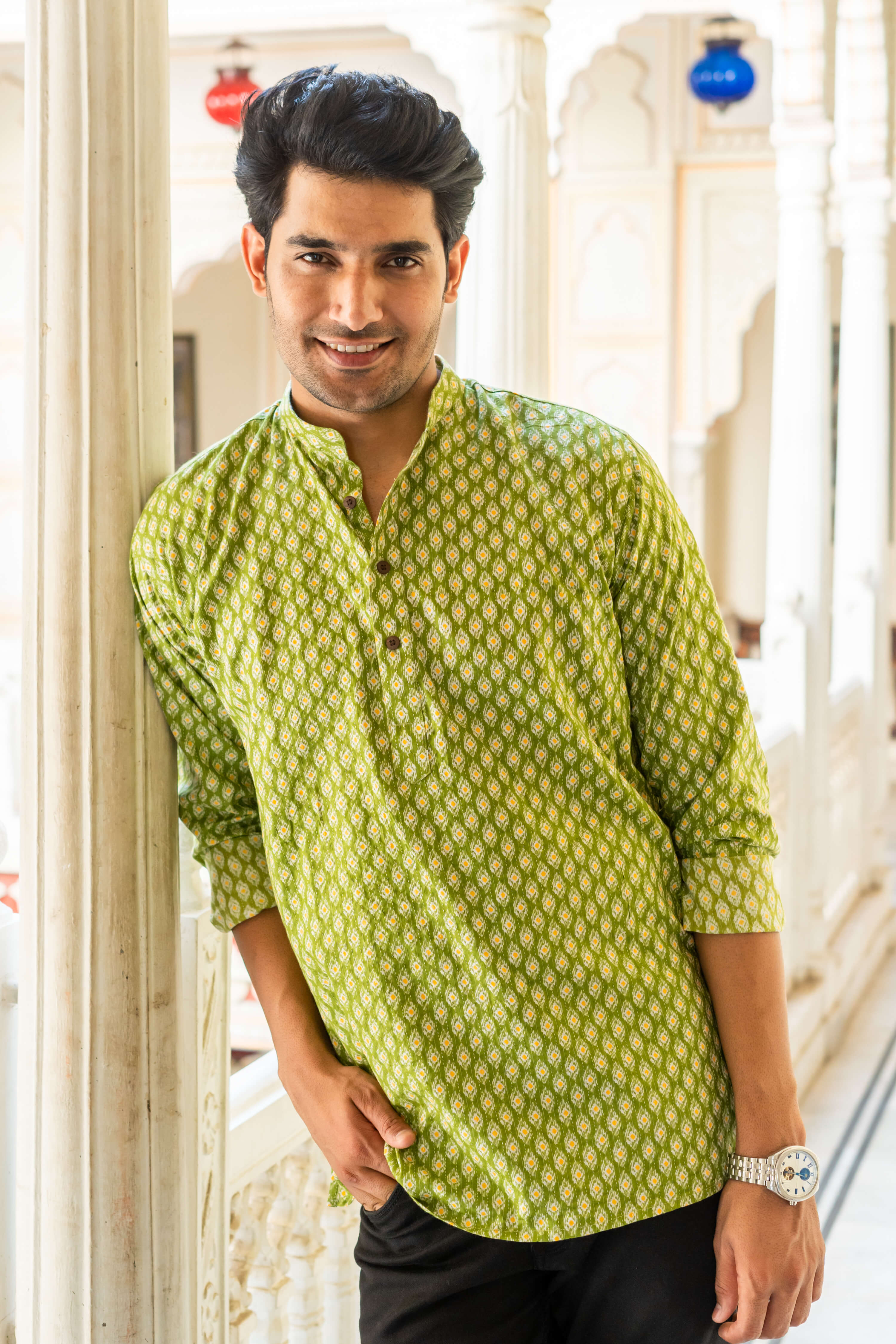 The Green Kantha Work Short Kurta With Geometric Ikat Print
