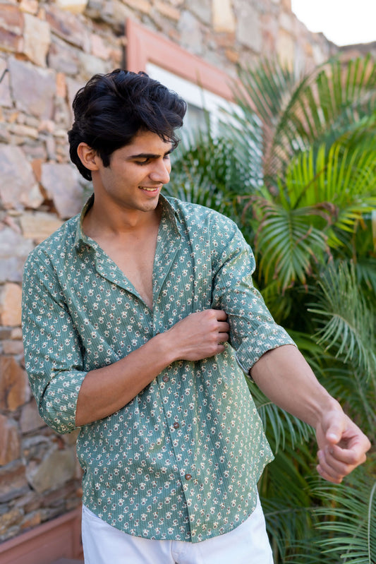 The Sage Green Kantha Work Shirt With Butti Print