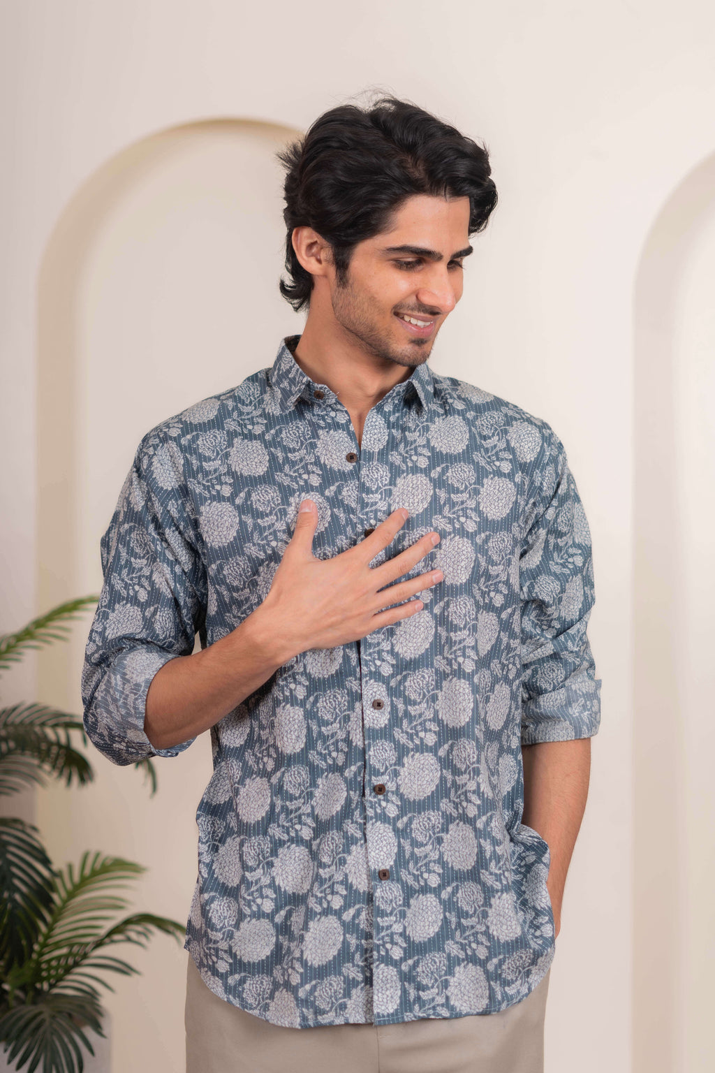 The Ice Blue Kantha Work Shirt With Flower Print