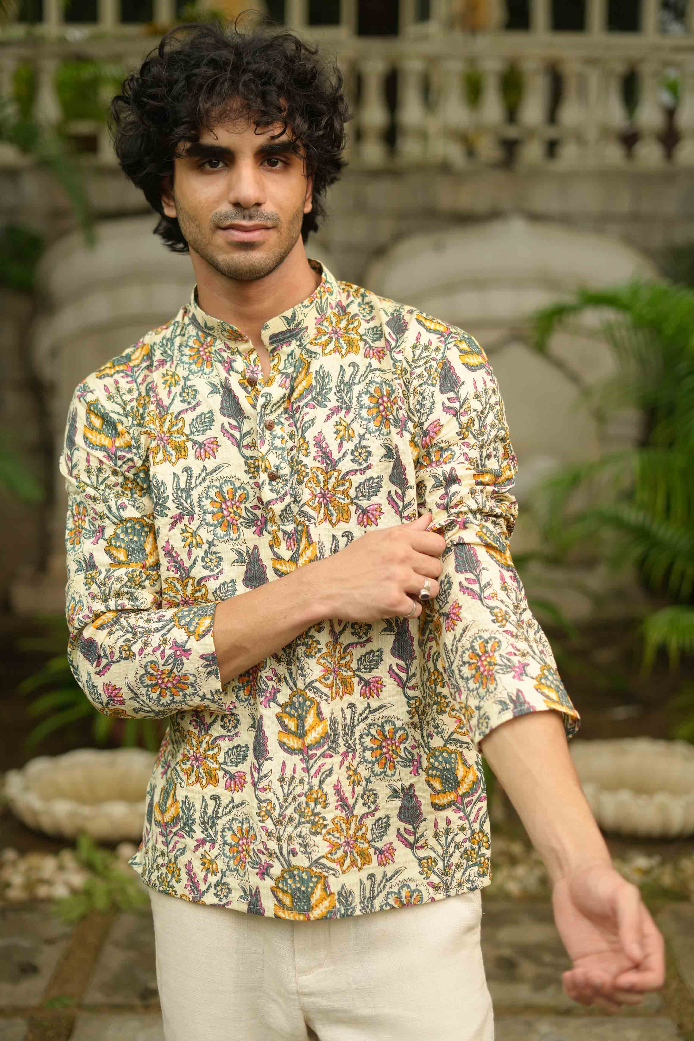The Beige Artistic Floral Print Short Kurta