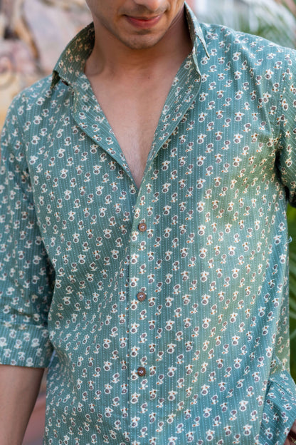 The Sage Green Kantha Work Shirt With Butti Print
