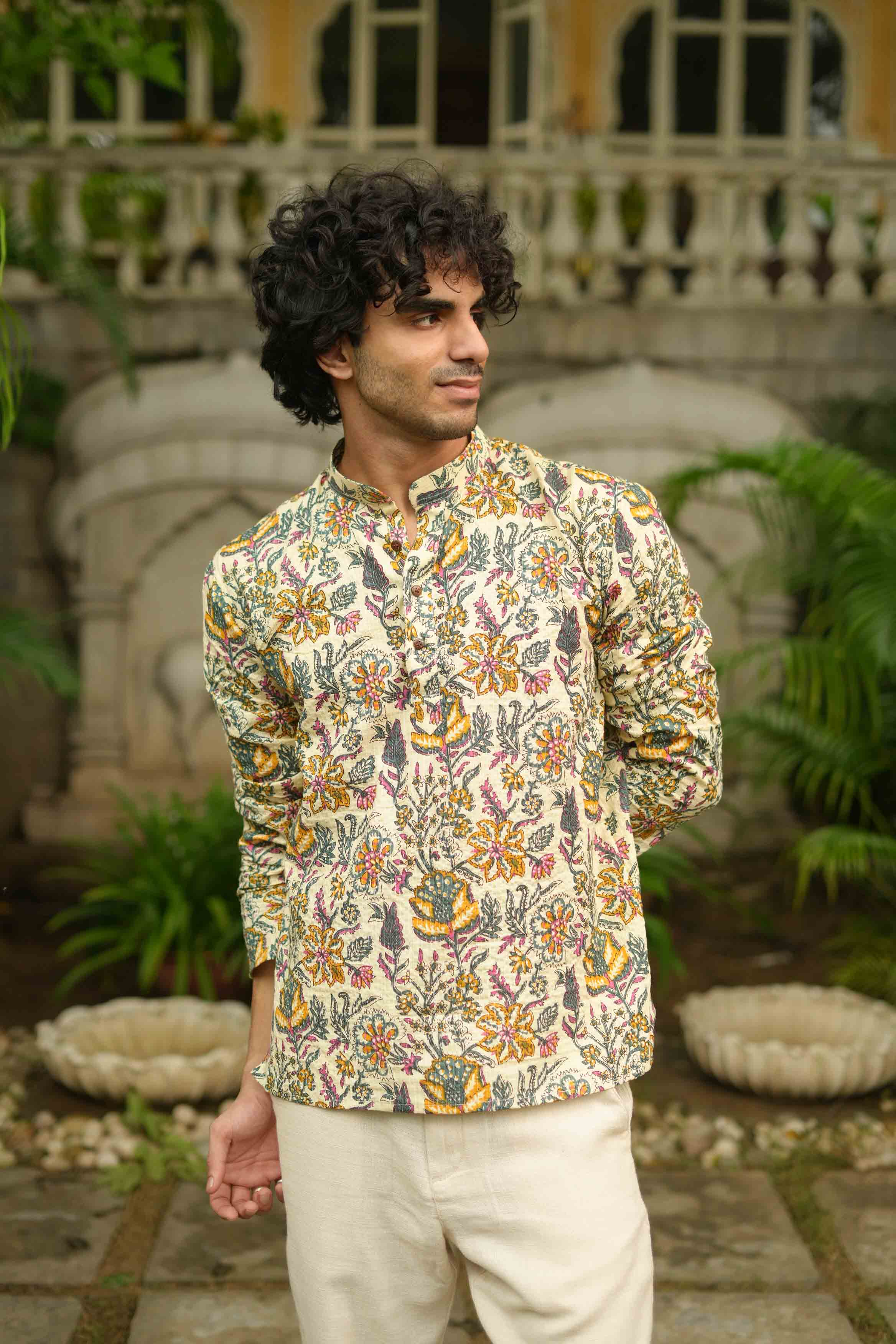 The Beige Artistic Floral Print Short Kurta