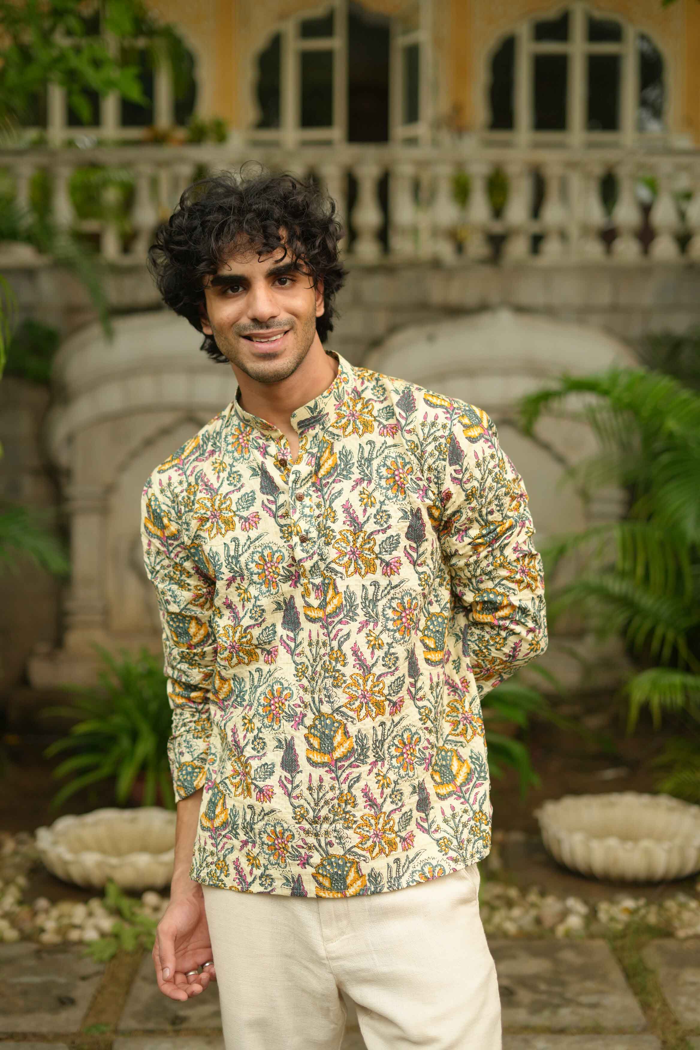 The Beige Artistic Floral Print Short Kurta