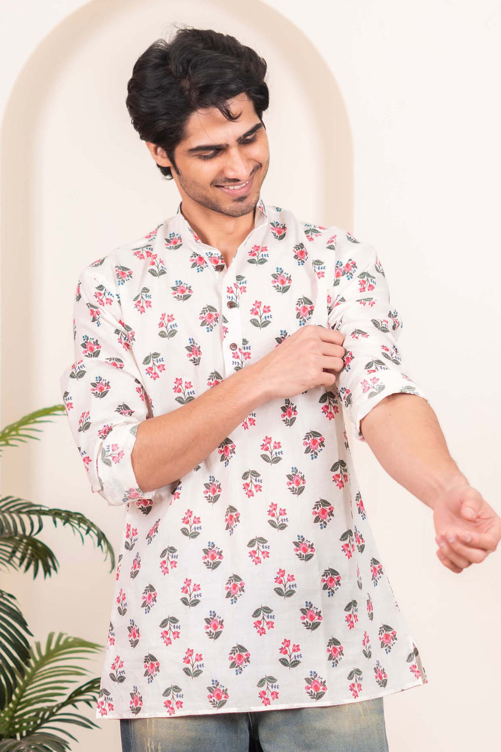 The White Short Kurta with Leaf and Flower Print