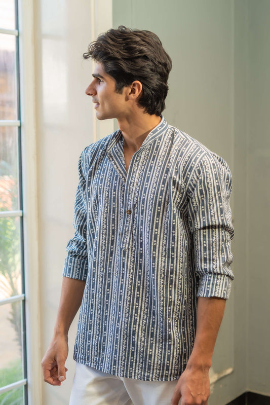 The Greyish Blue And White Kantha Work Short Kurta With Tribal Stripe Print