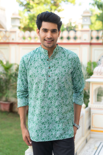 The Light Green And White All-Over Floral Print Short Kurta