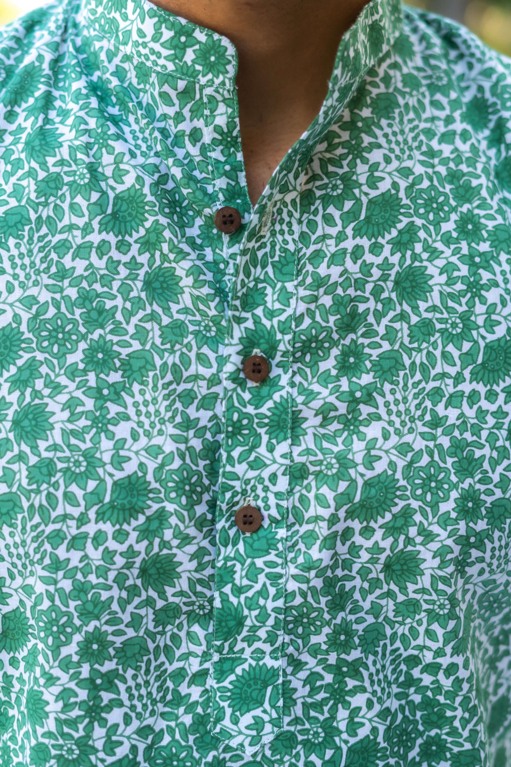 green short kurta for men with floral print
