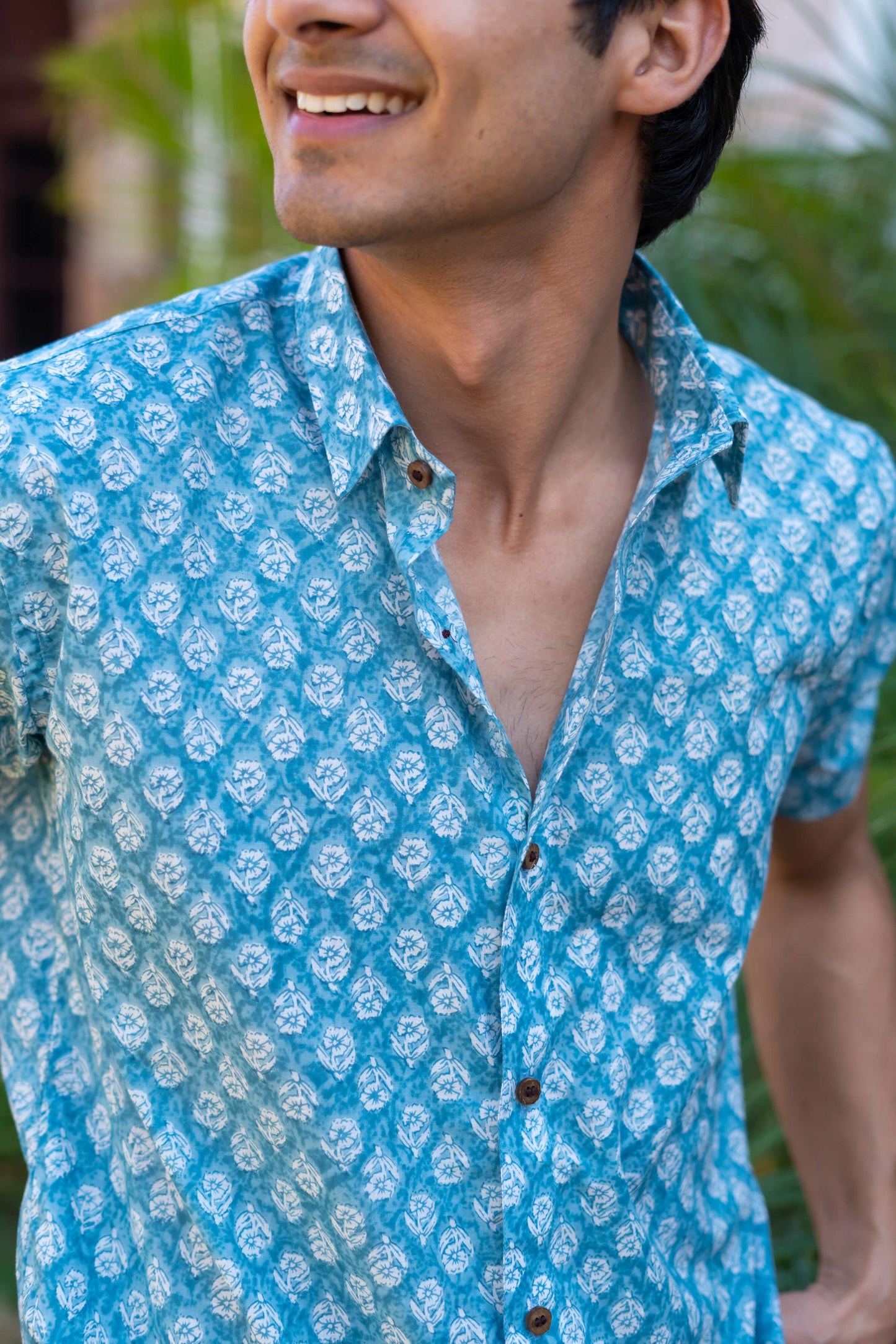 The Sky Blue Half Sleeves Shirt With Floral Butti Print