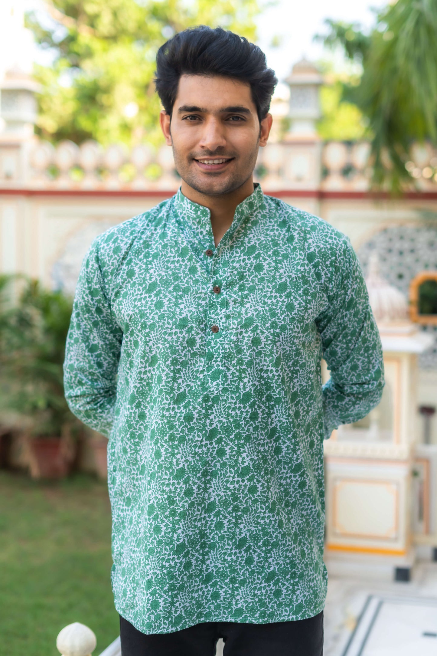 The Light Green And White All-Over Floral Print Short Kurta