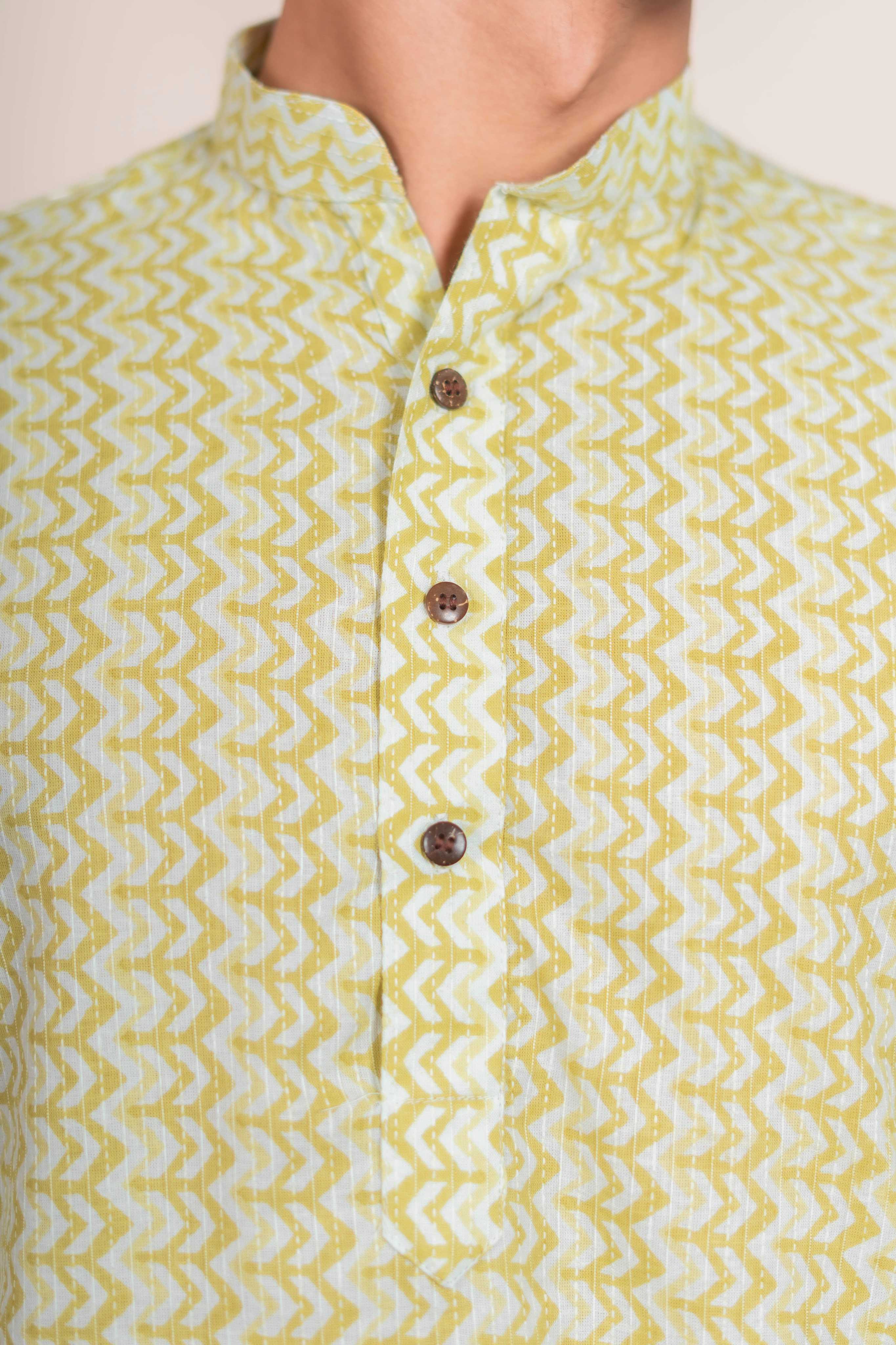 The White Kantha Work Short Kurta with Volt Green Chevron Print