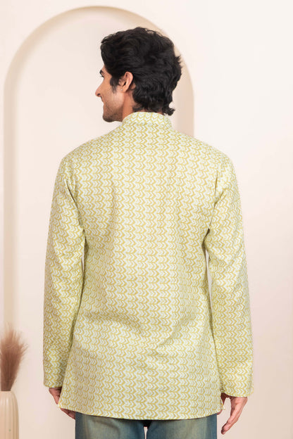 The White Kantha Work Short Kurta with Volt Green Chevron Print