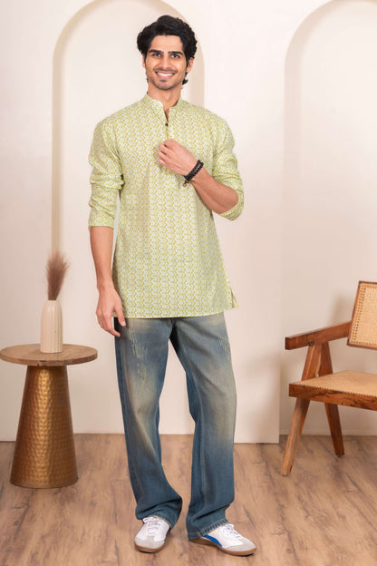 The White Kantha Work Short Kurta with Volt Green Chevron Print