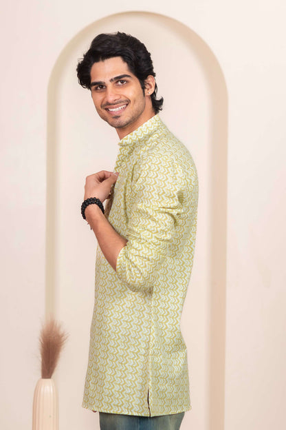 The White Kantha Work Short Kurta with Volt Green Chevron Print