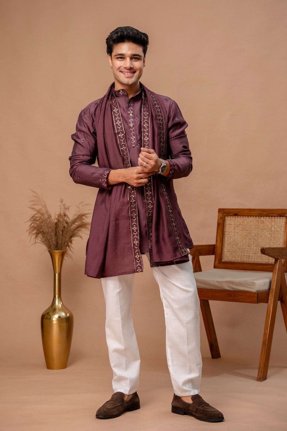 The Deep Wine Sequins Work Long Kurta With Dupatta