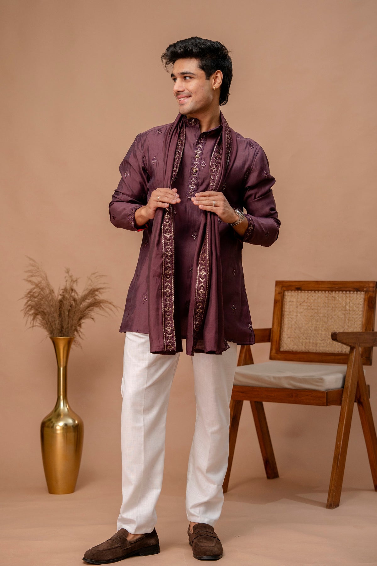 The Deep Wine Sequins Work Long Kurta With Dupatta