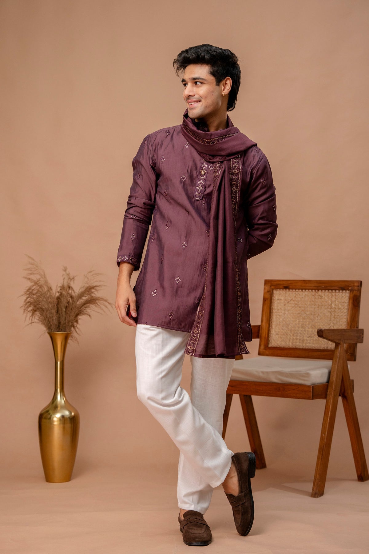 The Deep Wine Sequins Work Long Kurta With Dupatta