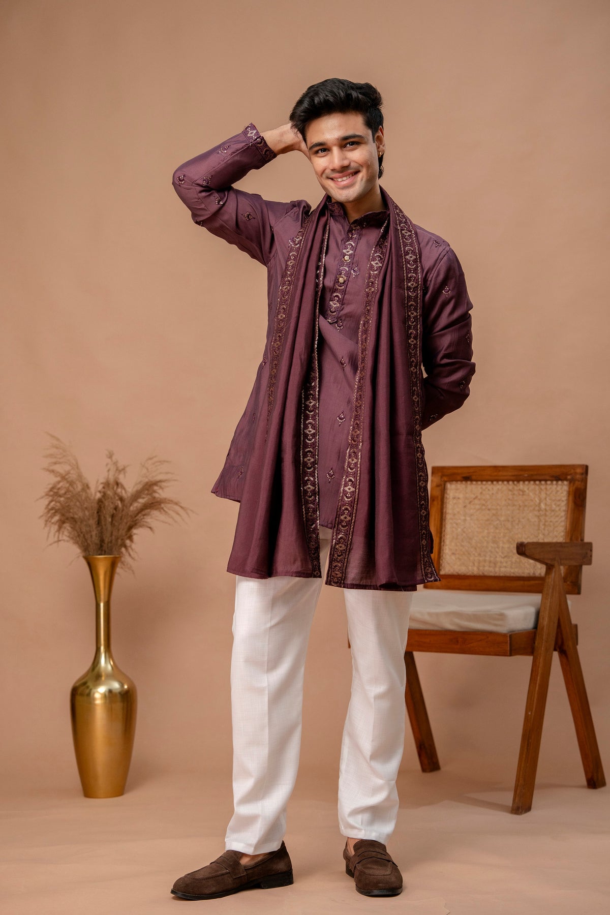 The Deep Wine Sequins Work Long Kurta With Dupatta