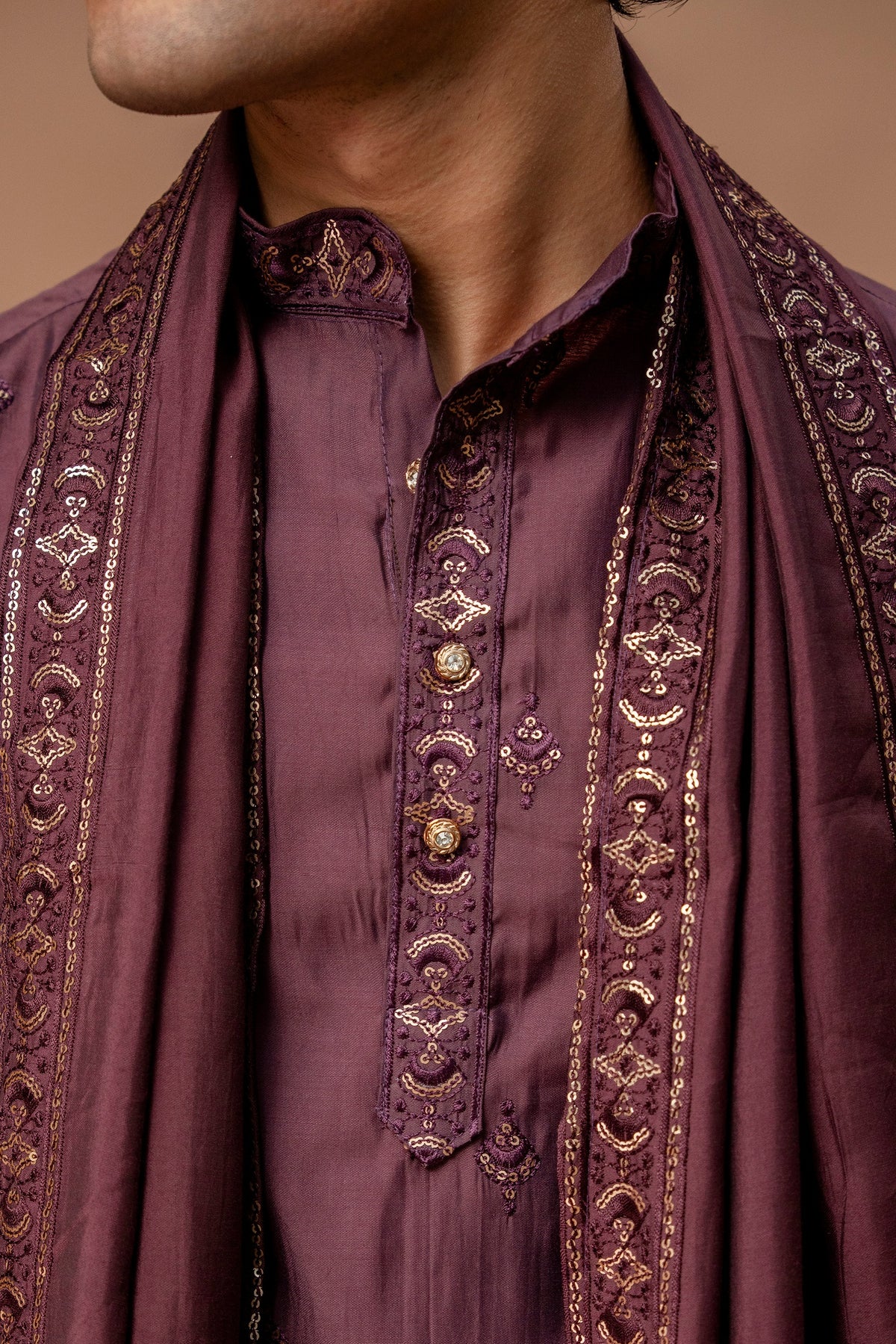 The Deep Wine Sequins Work Long Kurta With Dupatta