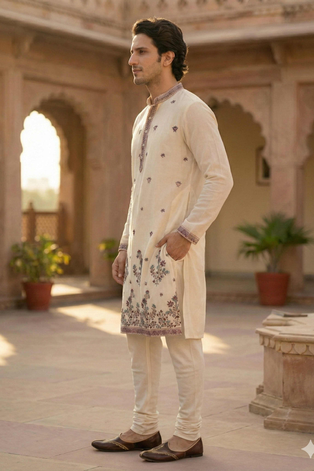 Off White Georgette Classic Floral Embroidery Long Kurta with Dupatta