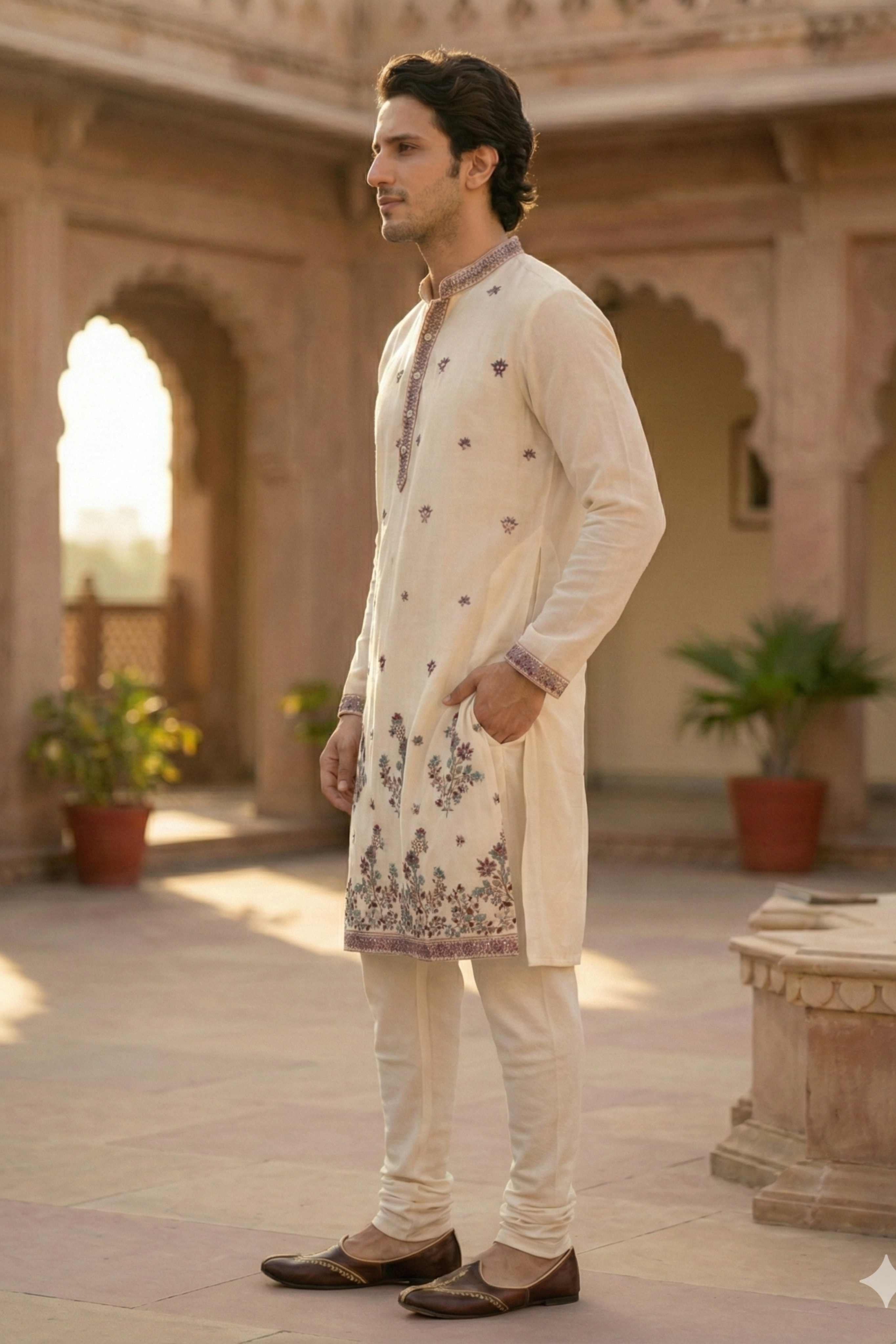 Off White Georgette Classic Floral Embroidery Long Kurta with Dupatta