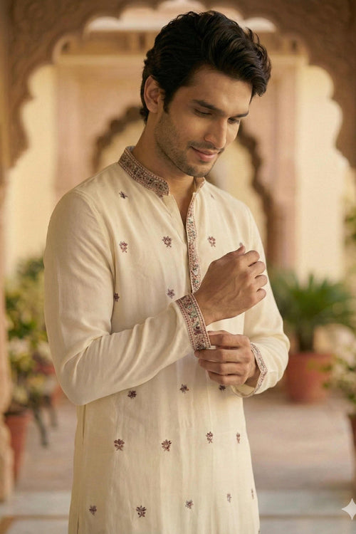 Off White Georgette Classic Floral Embroidery Long Kurta with Dupatta