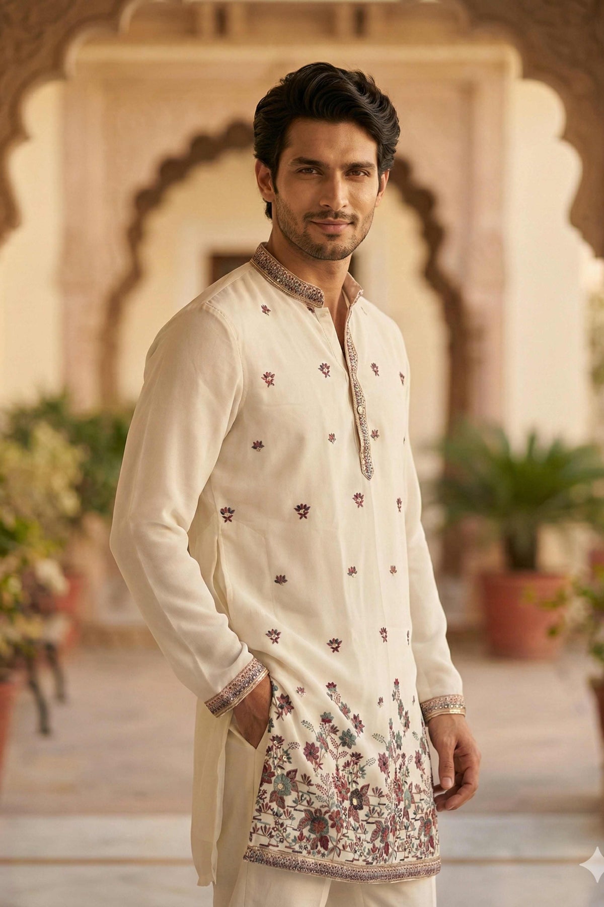 Off White Georgette Classic Floral Embroidery Long Kurta with Dupatta