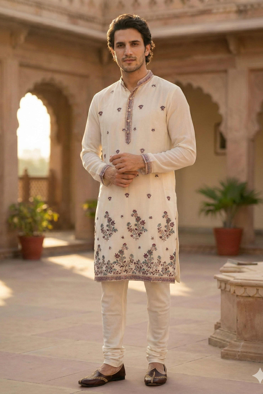 Off White Georgette Classic Floral Embroidery Long Kurta with Dupatta