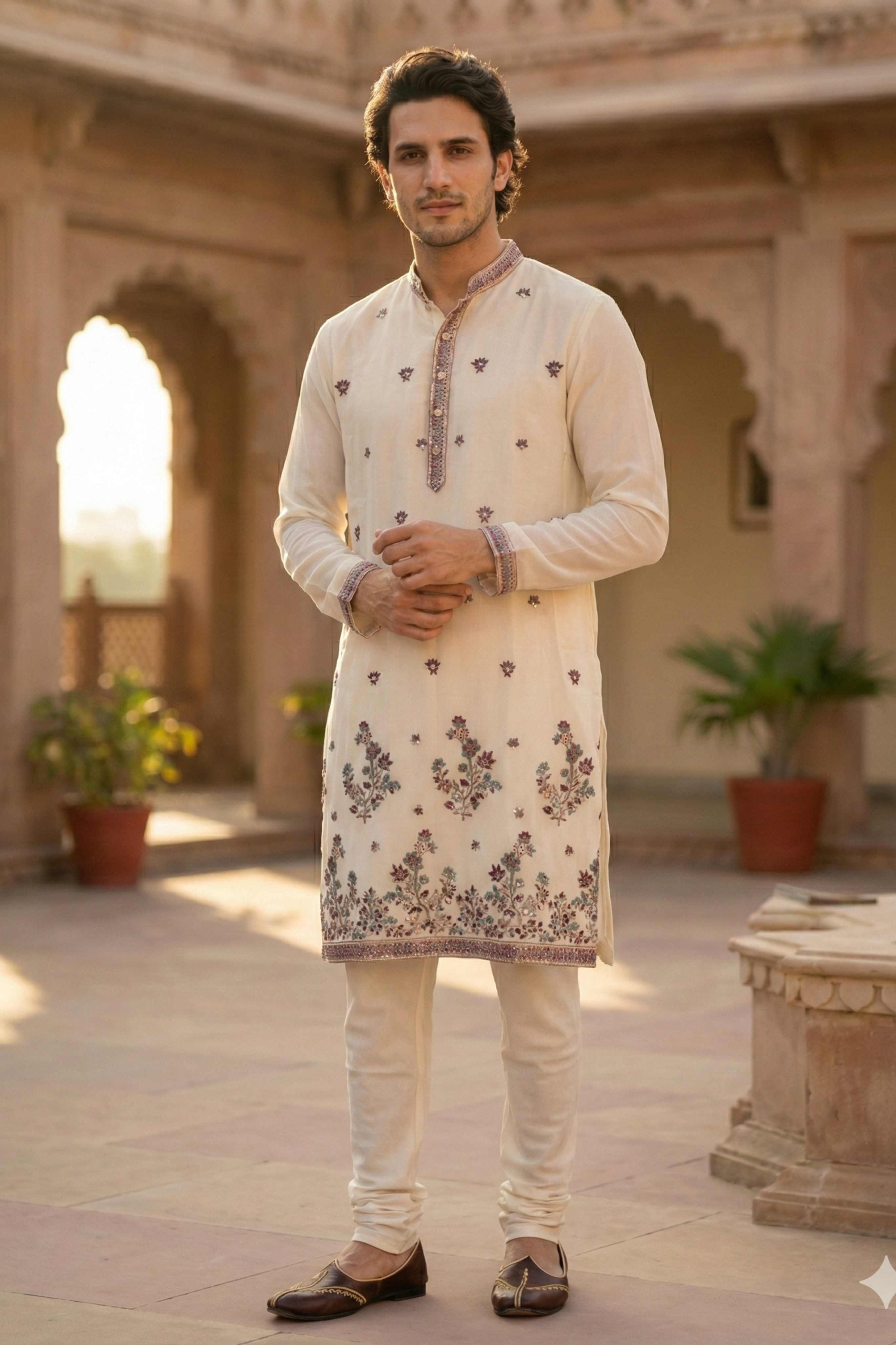 Off White Georgette Classic Floral Embroidery Long Kurta with Dupatta