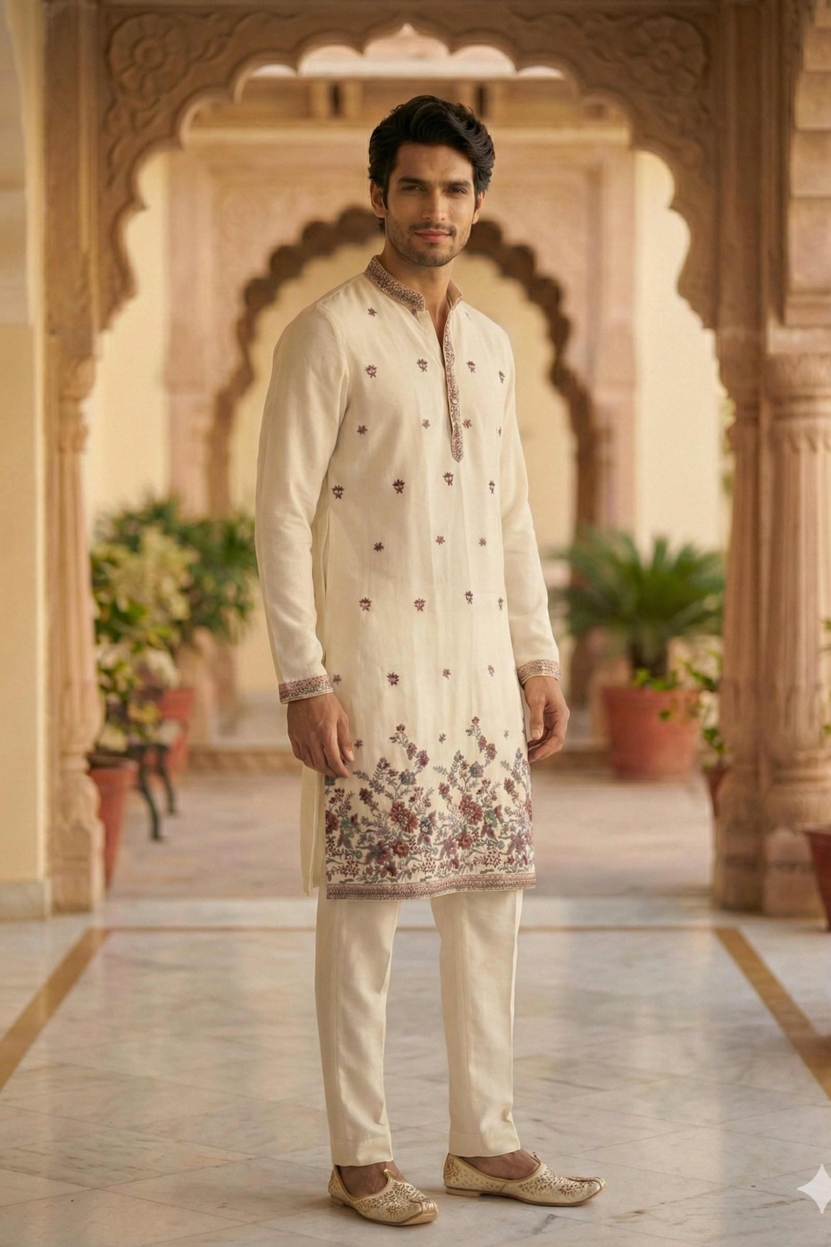 Off White Georgette Classic Floral Embroidery Long Kurta with Dupatta