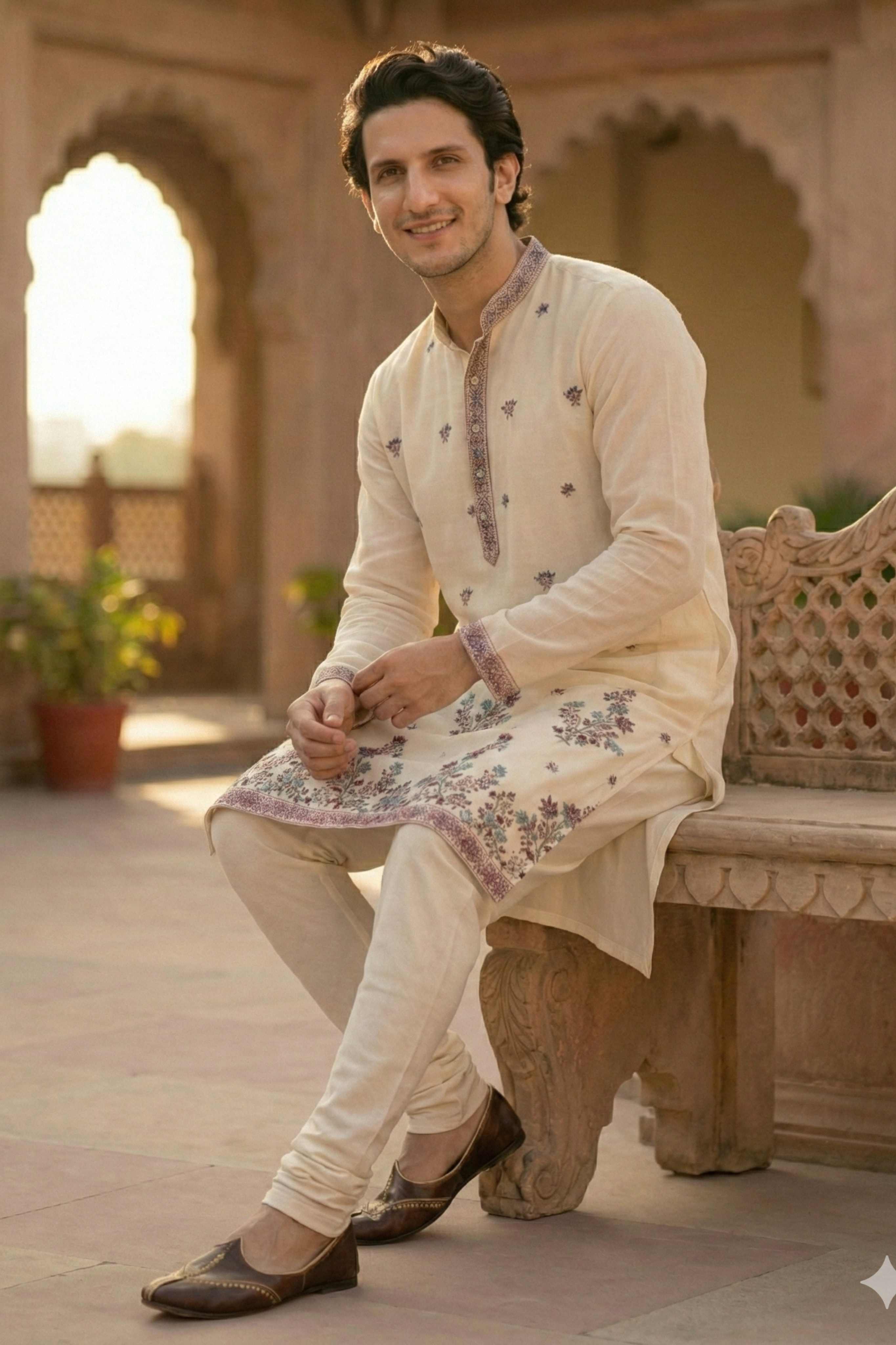 Off White Georgette Classic Floral Embroidery Long Kurta with Dupatta