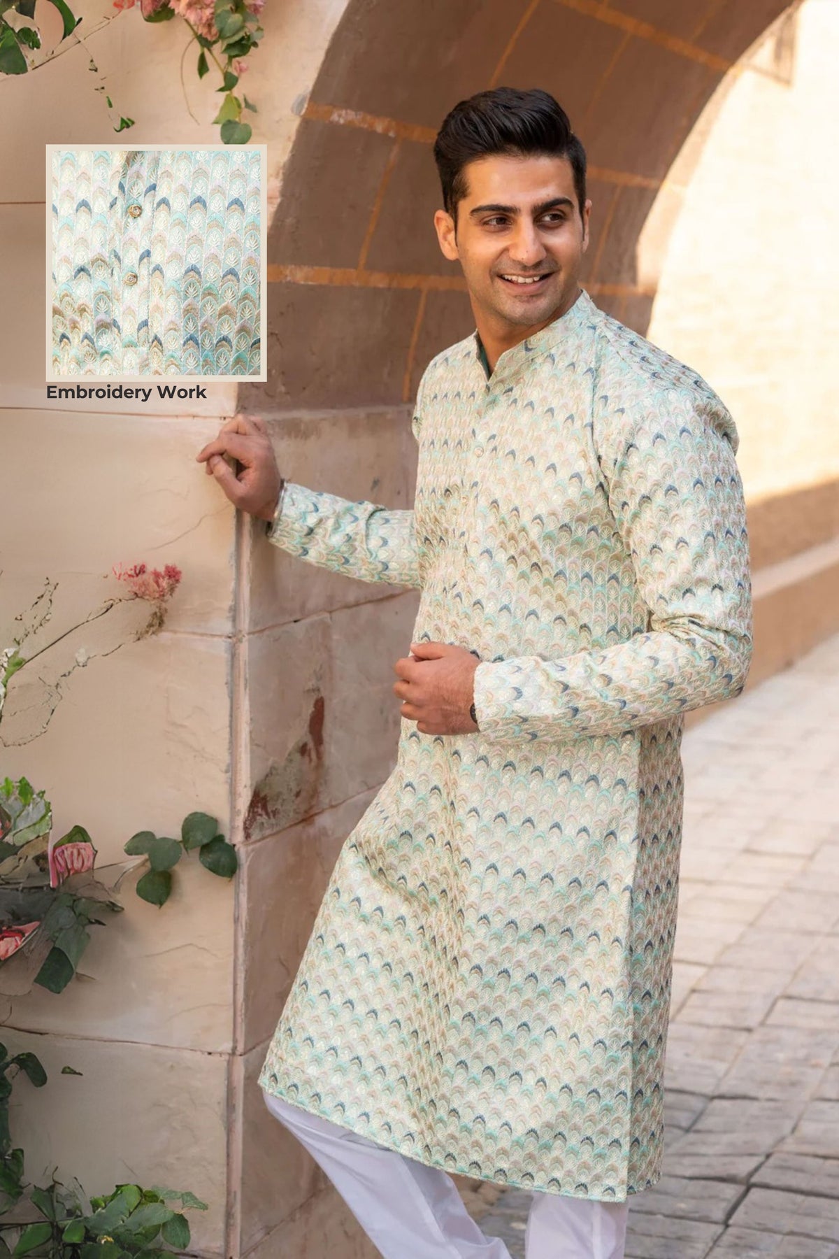 The Tribal Geometric Embroidery Work Long Kurta In Sea Green Color And Sequins Work