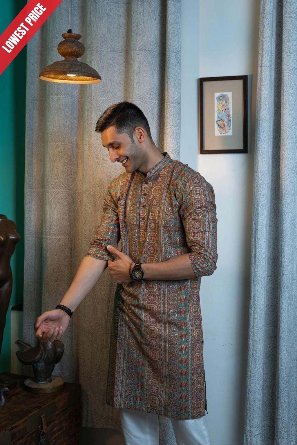 The Muslin Multicolor Foil Print Long Kurta