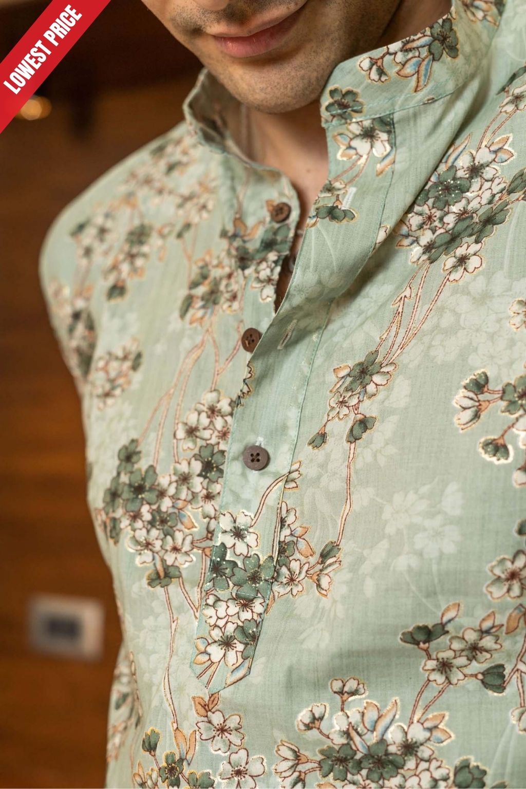 The Muslin Pastel Green Foil Print Long Kurta