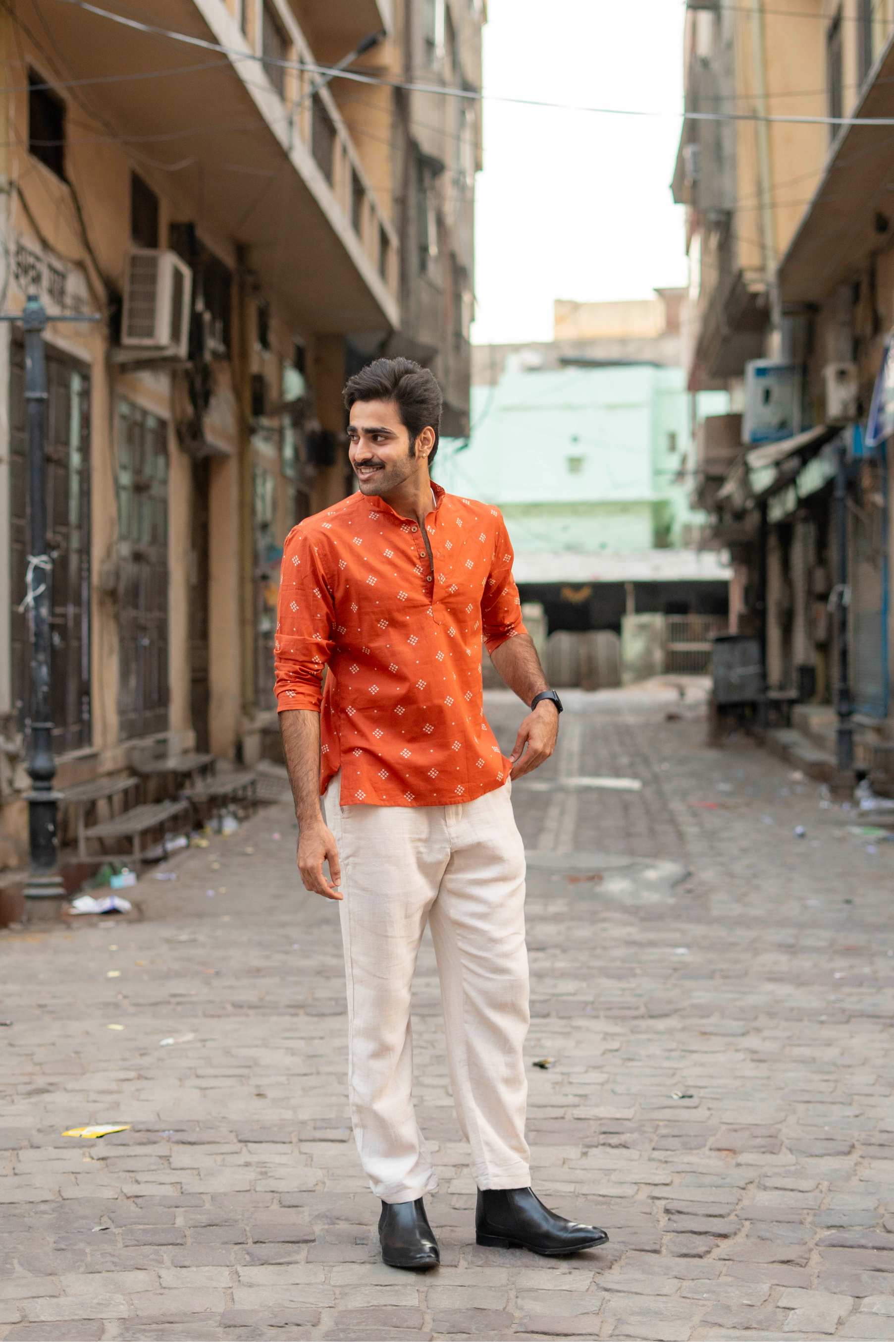 The Rust Orange Bandhej Print Short Kurta