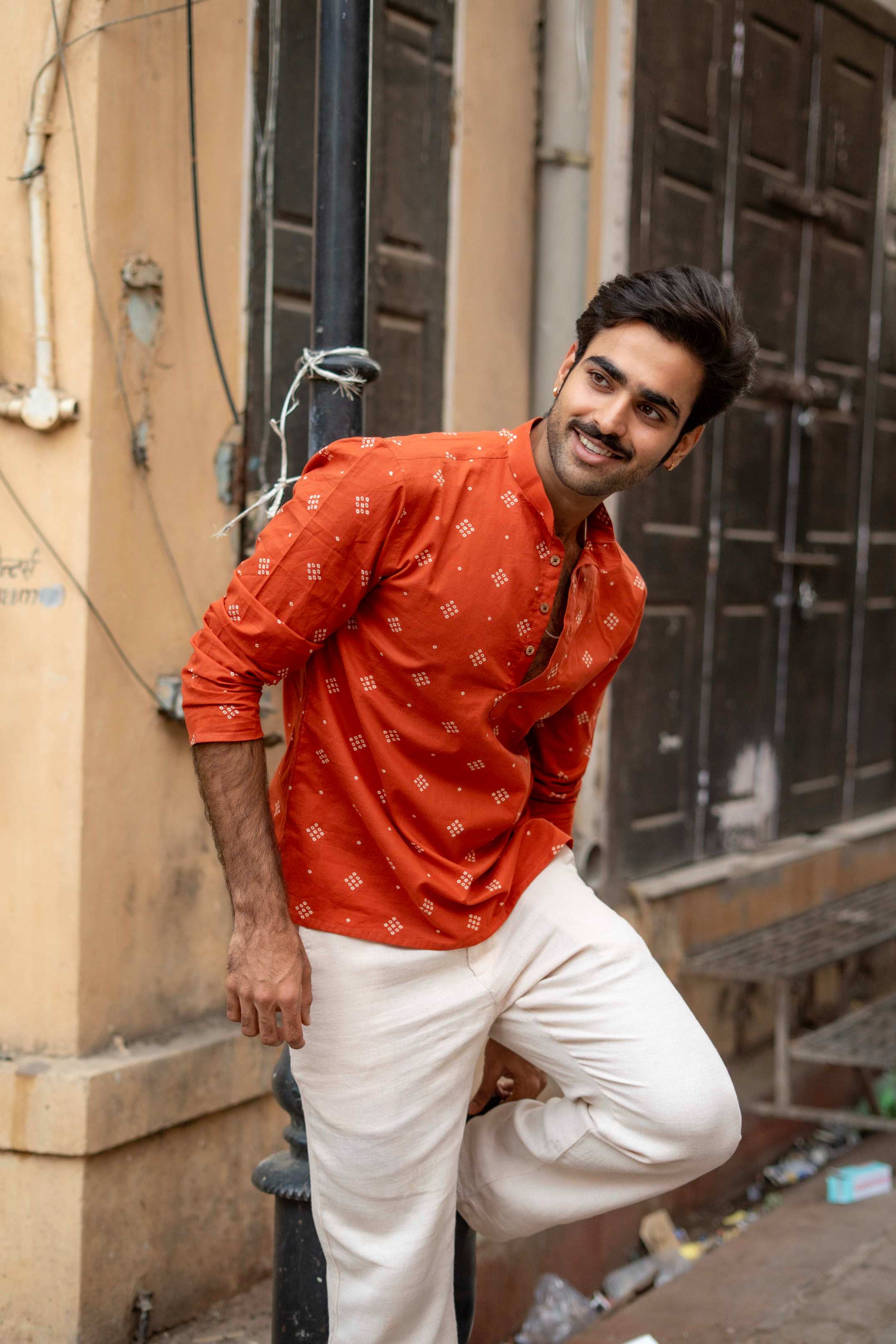 The Rust Orange Bandhej Print Short Kurta