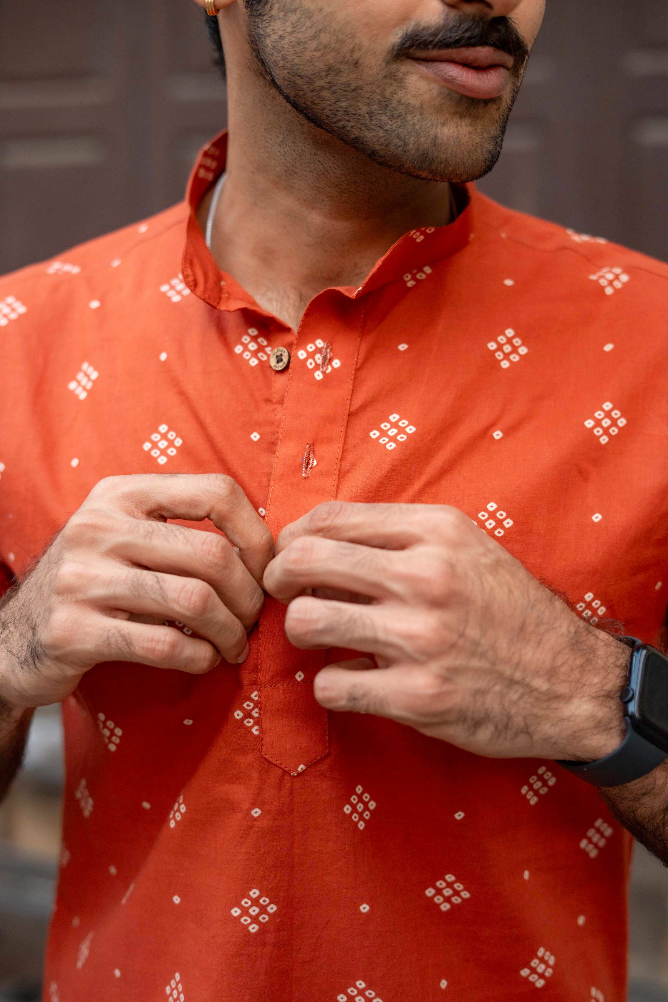 The Rust Orange Bandhej Print Short Kurta