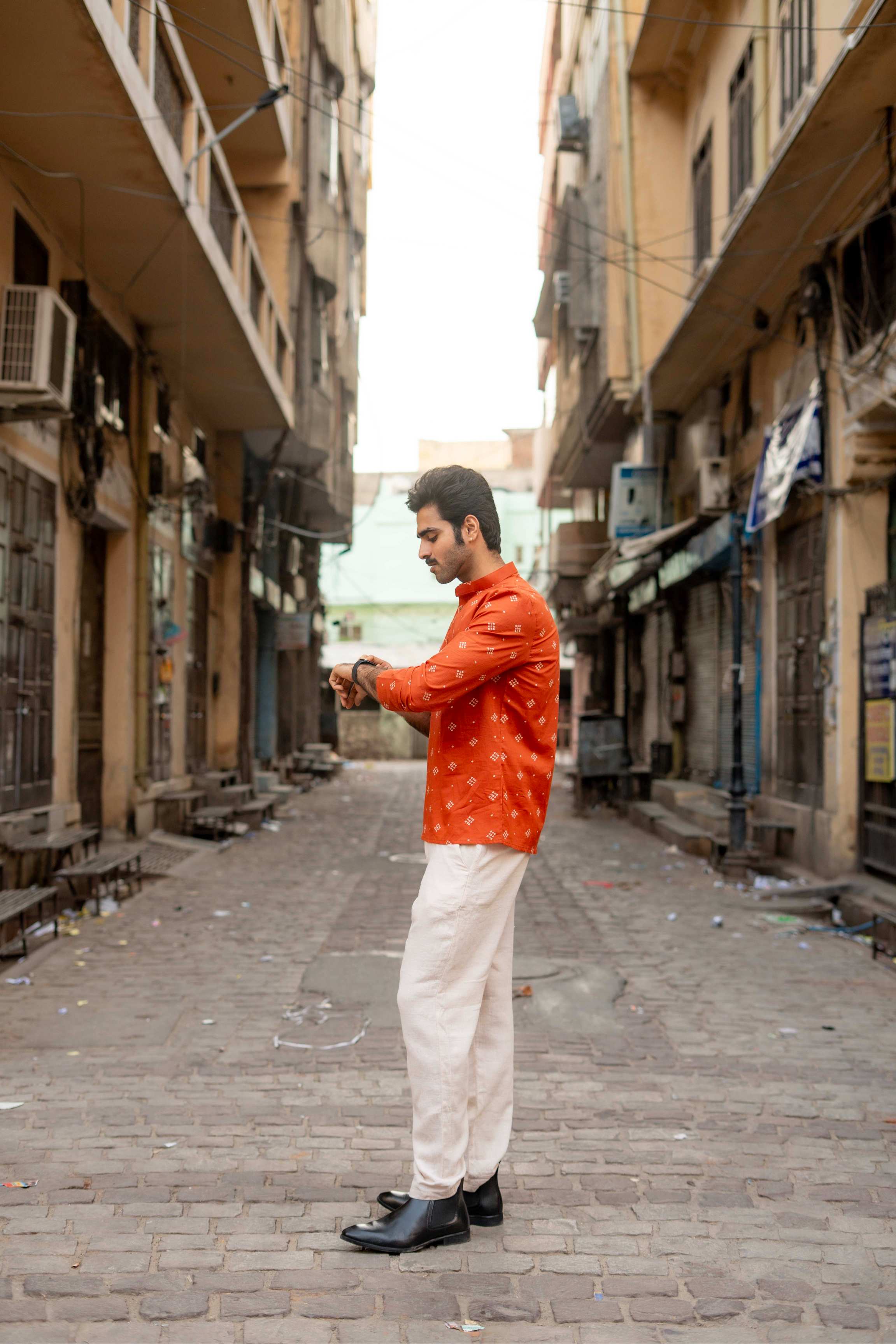The Rust Orange Bandhej Print Short Kurta