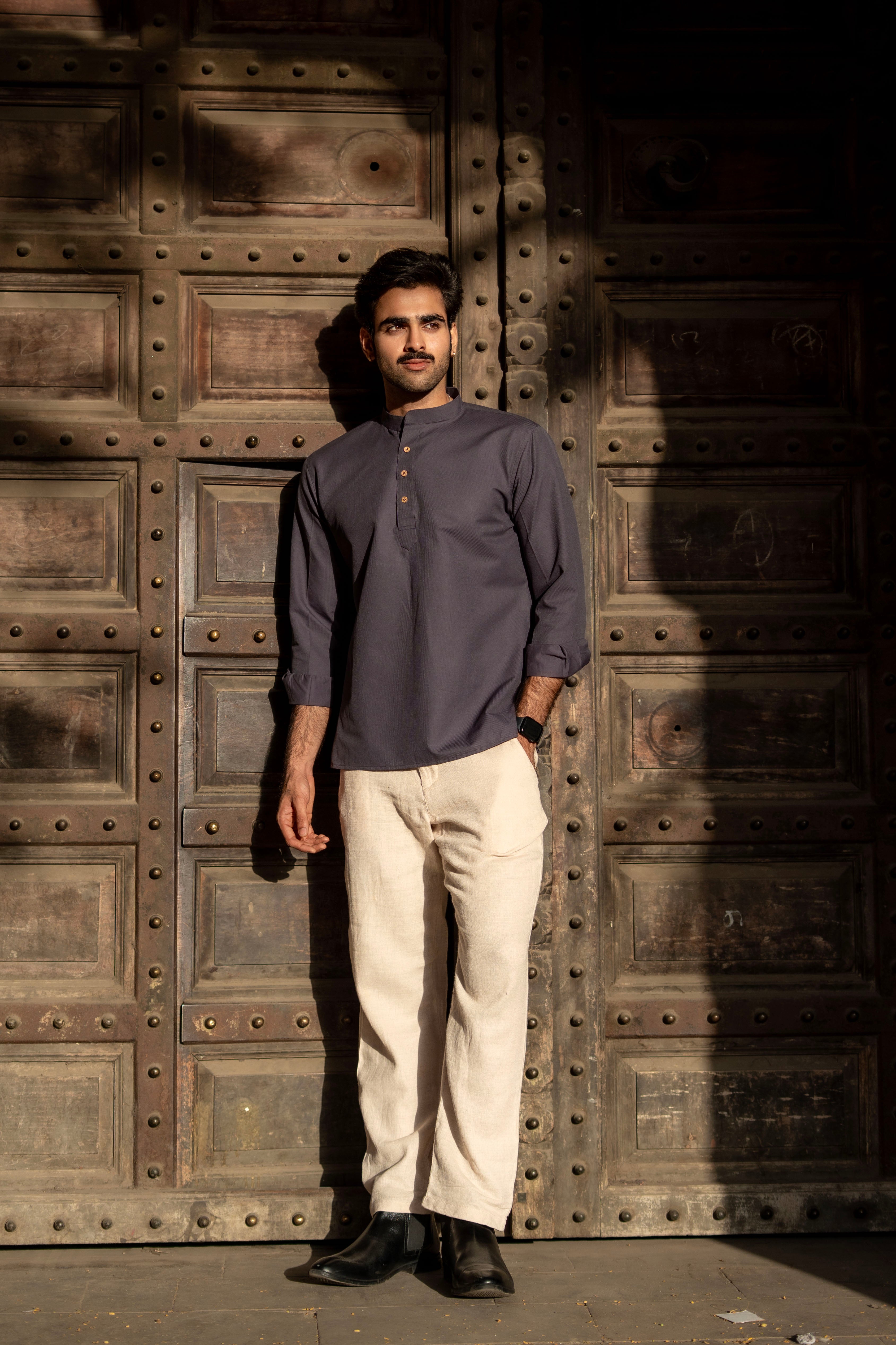 The Midnight Navy Striped Stretchable Short Kurta