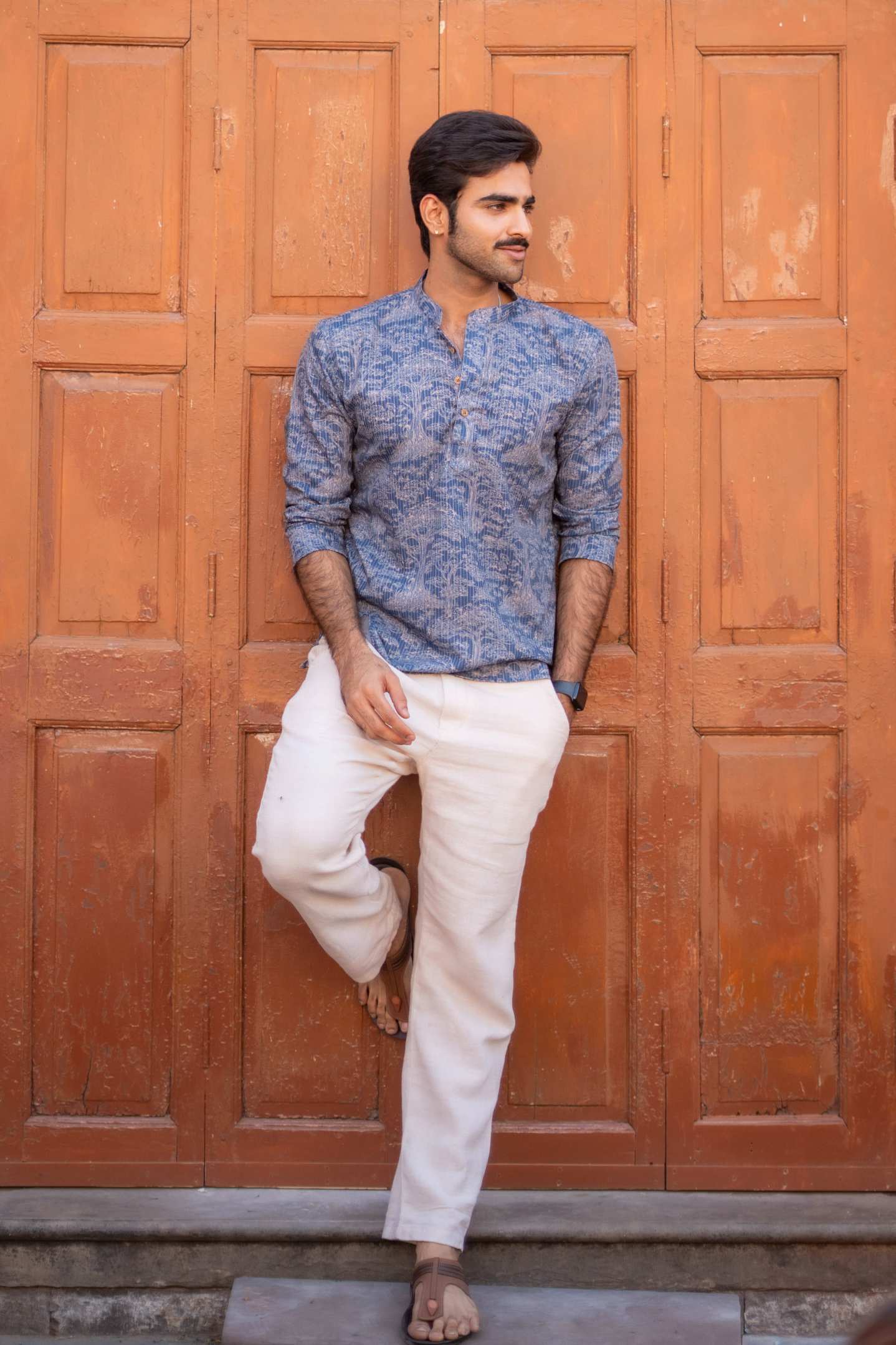 The Indigo Blue Kantha Work Short Kurta with Floral Print
