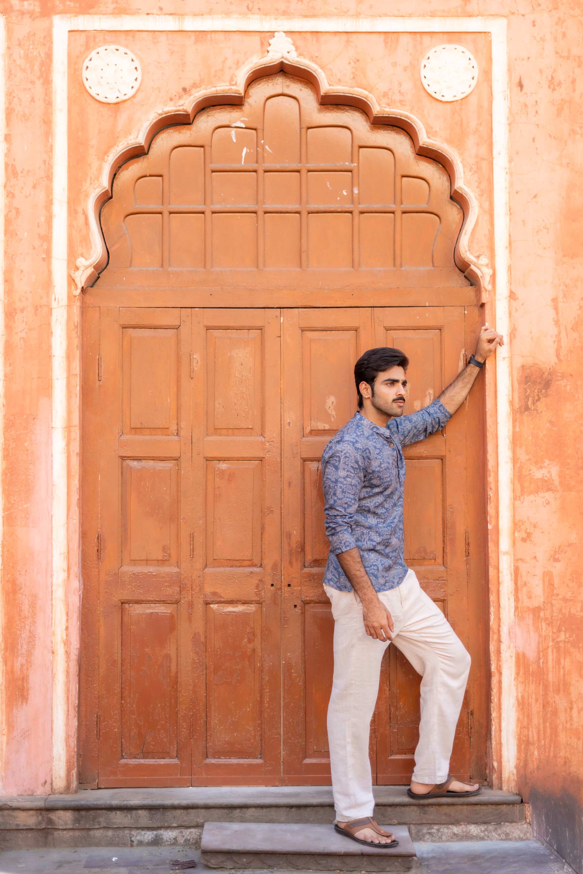The Indigo Blue Kantha Work Short Kurta with Floral Print